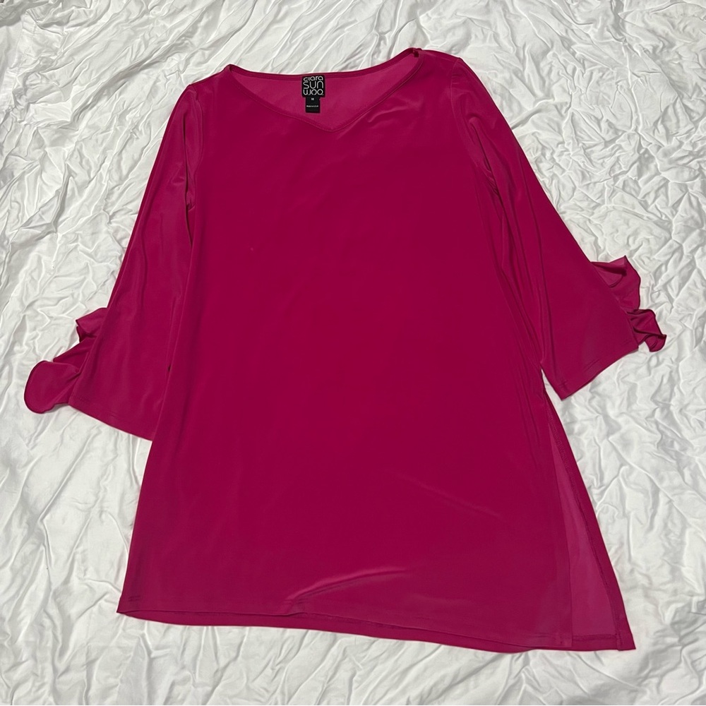 Clara Sun Woo Women’s Medium Tunic Pink Solid Side Slit Asymmetrical USA Made
